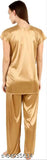 Cotovia women's gold satin self-design pyjama suite, solid pattern in muted tones, featuring short sleeves and matching bottoms