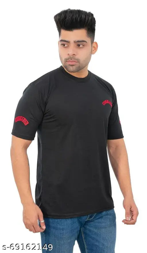 Solid men's cotton round neck half sleeves T-shirt, white with four commando design, perfect casual wear, India origin