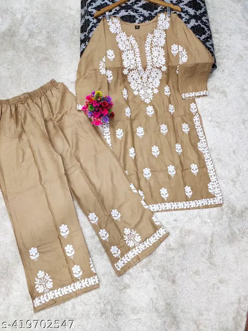 Embroidered rayon Chikankari Kurti Plazzo set, three-quarter sleeves, Indian ethnic wear for women