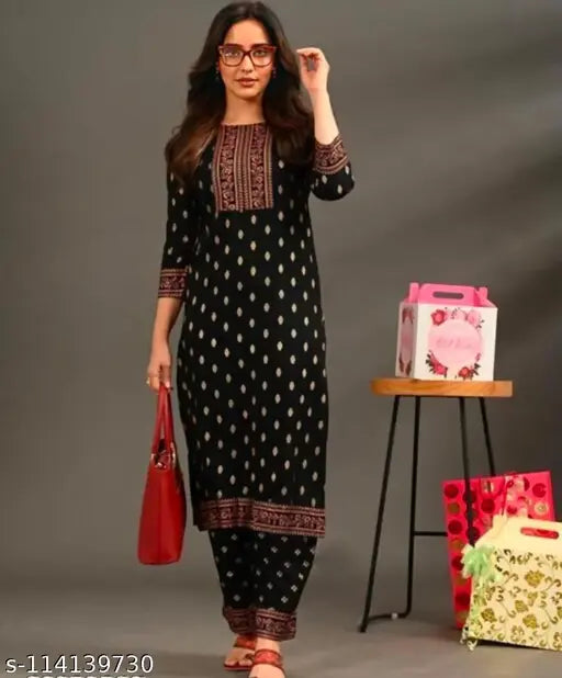 Black rayon Kurta Palazzo ethnic set with printed sleeves, perfect for festive and casual wear - Lovelight India