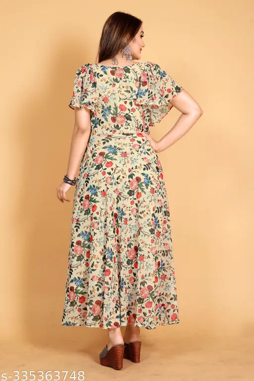 Chiku color flower printed georgette fancy kurti with short sleeves, rose digital print, exclusive design for women's anarkali type, available in various plus sizes, made in India