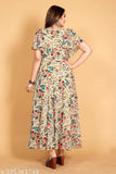 Chiku color flower printed georgette fancy kurti with short sleeves, rose digital print, exclusive design for women's anarkali type, available in various plus sizes, made in India