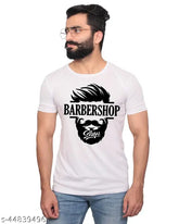 White polyester round neck t-shirt with short sleeves, printed design. Made in India