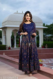 Blue rayon embroidered Anarkali kurta with three-quarter sleeves and front slit, handcrafted in Jaipur, India