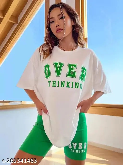 Trendy pure cotton oversized printed women's t-shirt, featuring discreet logo, ideal for casual or dressed-up looks, made in India