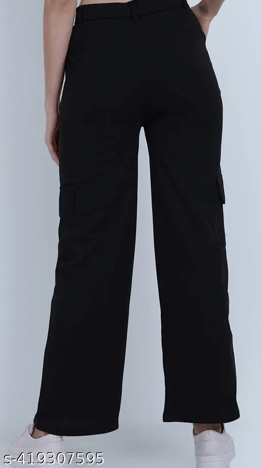 Women's straight-fit Lycra cargo trousers, solid net, size 26/28/30/32, Made in India