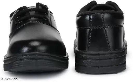 Black synthetic school shoes for kids, lace-up running sneakers in black color, ideal for boys aged 4-5 to 12-13 years. Made in India