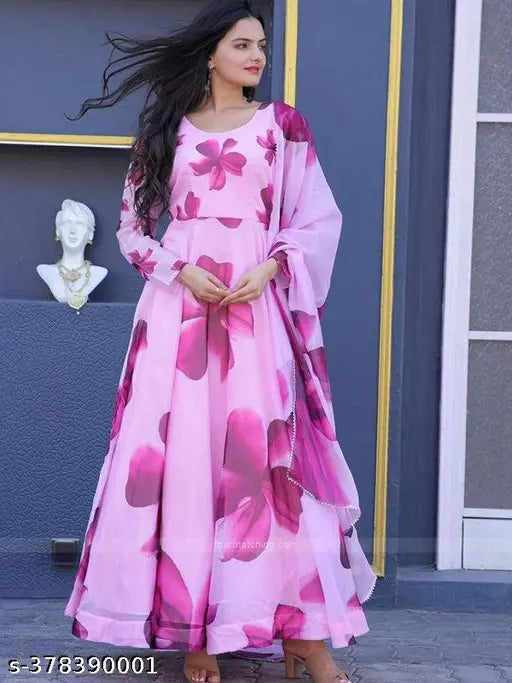 Printed pink Georgette long-sleeve dress, Indian made fashion for women