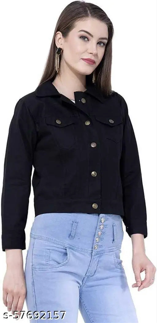 Black Solid Denim Full Sleeve Women's Jacket with 2 Pockets - Saman Fashion Wear, perfect for casual days