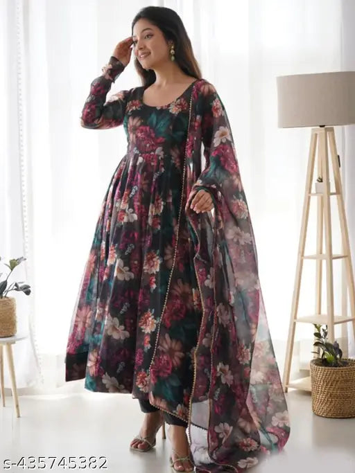 Organza gown with dupatta set, printed net, long sleeves, Indian bridal attire on mannequin