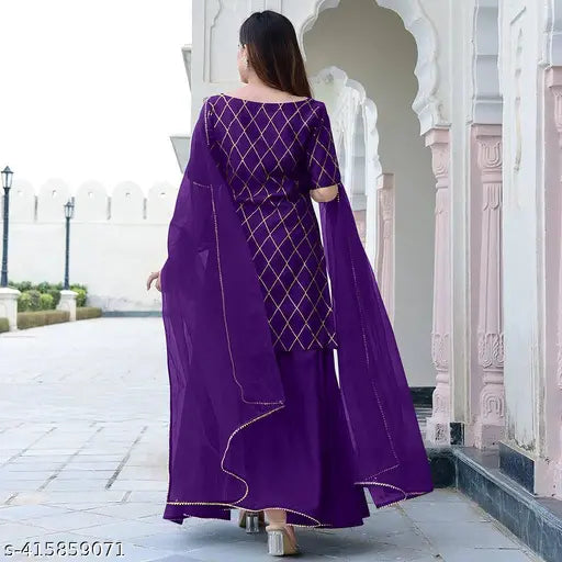 Diwali2024 Special Self-Gift Women's Purple Rayon Foil Printed Kurta Set with Sharara and Dupatta, perfect for festivals, weddings, and daily wear. From our premium collection, Made in India