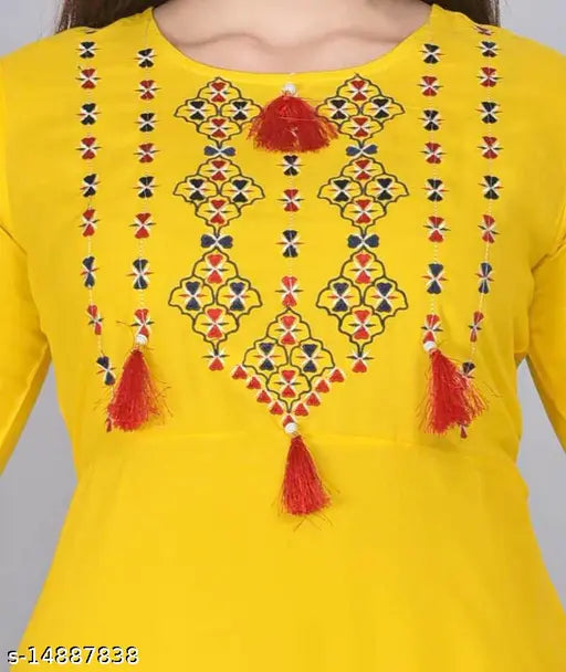 Yellow rayon Anarkali kurti with embroidered patterns, three-quarter sleeves for women. S (36in bust, 49in length), M (38in bust, 49in length), L (40in bust, 49in length), XL (42in bust, 49in length), XXL (44in bust, 49in length), XXXL (46in bust, 49in length). Made in India