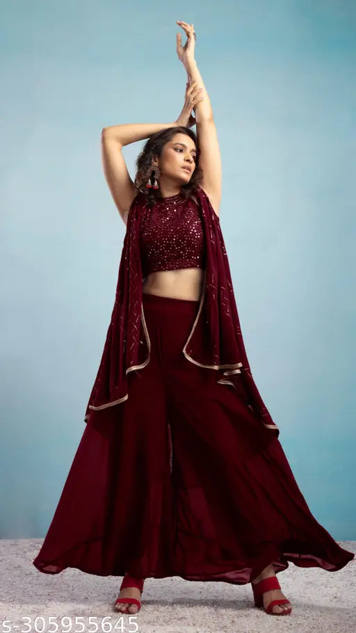 Georgette crop halter top with embroidered flared shrug and palazzo, vibrant Indian partywear set