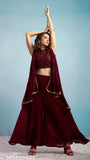 Georgette crop halter top with embroidered flared shrug and palazzo, vibrant Indian partywear set