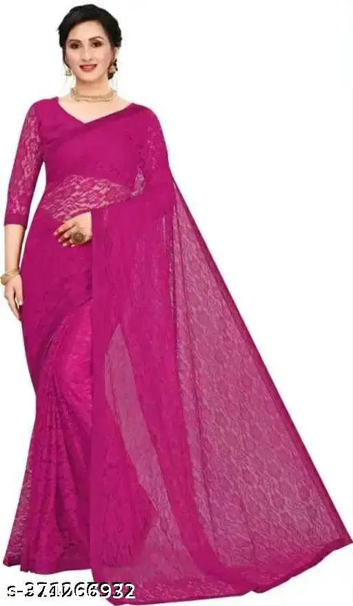 Pink net saree, single piece, free size, self-design pattern, India origin