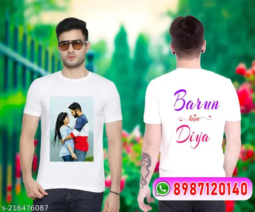 Personalised photo t-shirt, poly blend short sleeves, printed with a name, men's size M, India origin