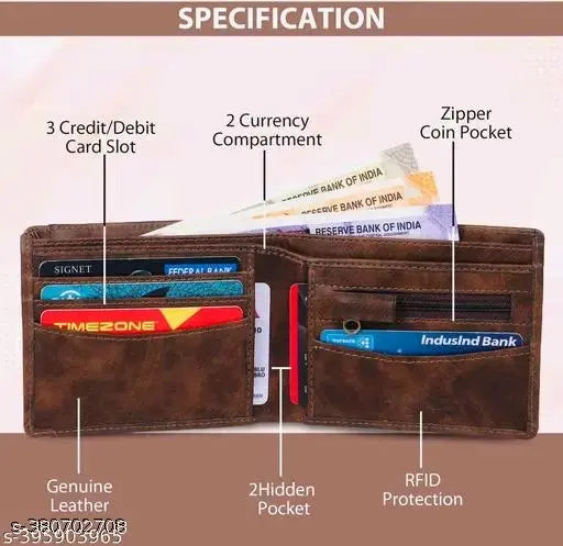 Faux leather brown bi-fold wallet, 8 card slots, ideal for men's daily use with secret compartments and coin pocket