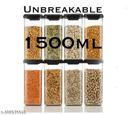 Unbreakable 1500ml airtight plastic kitchen containers, pack of 8 for food storage, sturdy and durable
