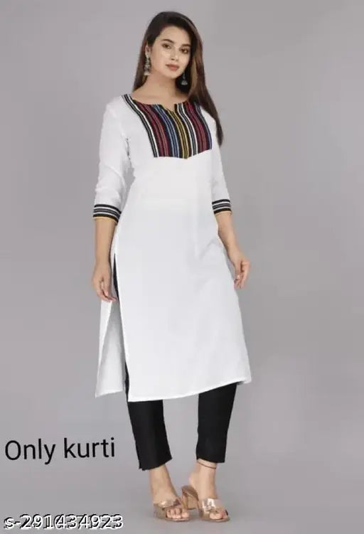 Rayon white and black printed kurti with three-quarter sleeves, single solid color style. S: bust size 36in, M: bust size 38in, L: bust size 40in, XL: bust size 42in, XXL: bust size 44in, XXXL. Made in India