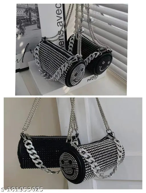 Black and silver embellished canvas rhinestone chain satchel bag, European and American retro style with a bucket shape and multiple compartments (zipper pocket, mobile phone pocket, ID pocket, sandwich zipper pocket, computer pocket, camera pocket)