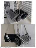 Black and silver embellished canvas rhinestone chain satchel bag, European and American retro style with a bucket shape and multiple compartments (zipper pocket, mobile phone pocket, ID pocket, sandwich zipper pocket, computer pocket, camera pocket)
