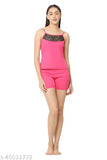 Dark pink satin nightsuit for women, sleeveless and short, solid pattern, size S-XL, made in India
