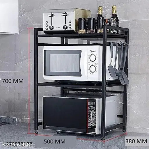 Iron 3-tier microwave oven stand, suitable for 30ltr to 50ltr ovens. Decorative kitchen organizer with 8 hooks, size: 12L x 10W x 6H cm. Flexible and portable storage solution for kitchen essentials