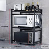 Iron 3-tier microwave oven stand, suitable for 30ltr to 50ltr ovens. Decorative kitchen organizer with 8 hooks, size: 12L x 10W x 6H cm. Flexible and portable storage solution for kitchen essentials