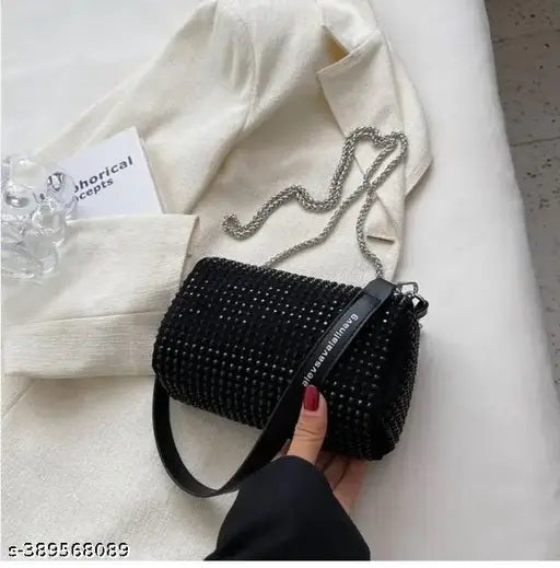 Fancy stone canvas sling bag for women, solid net pattern, free size (L4in x W8in x H2in), made in India