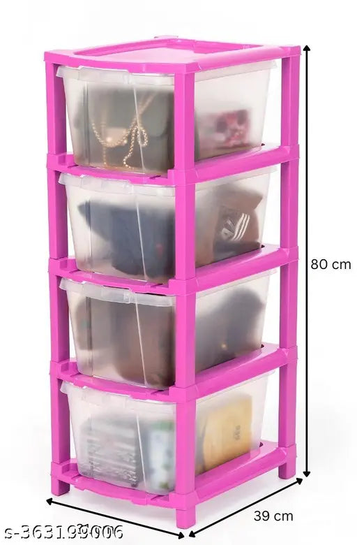 Pink plastic 4-layer drawer organizer for kids' clothing, toys, books, files, shoes, and sarees
