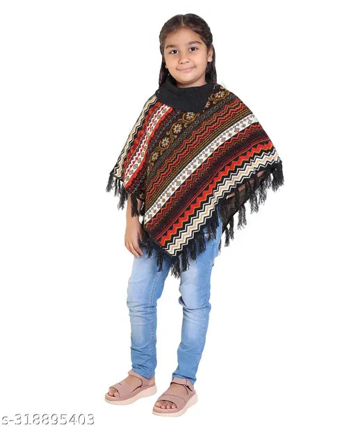 Soft woolen poncho for girls, printed net design, Indian origin - 2-3 years