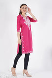 Magenta embroidered wool kurti for women, three-quarter sleeves, vibrant Indian design