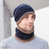 Blue wool beanie set, fur patterned Topa pack of 2 from India