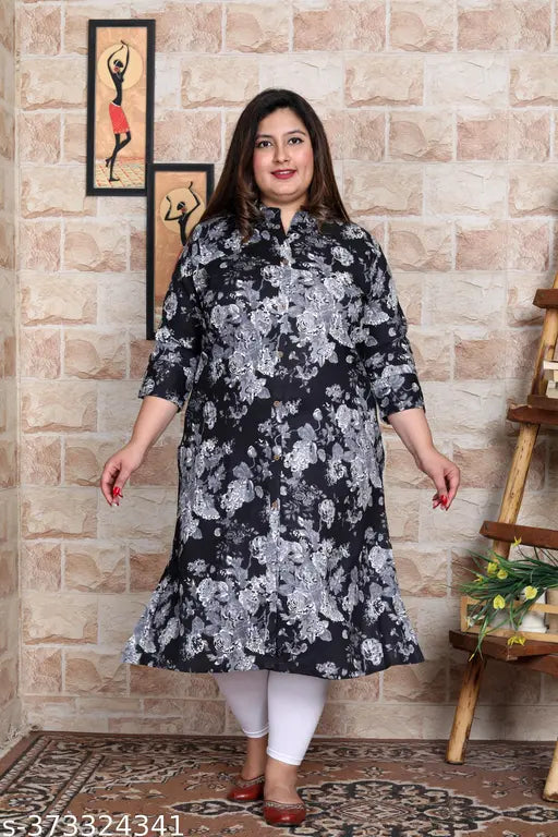 Black plus size cotton A-line kurta with floral print, three-quarter sleeves for women, Avnii brand