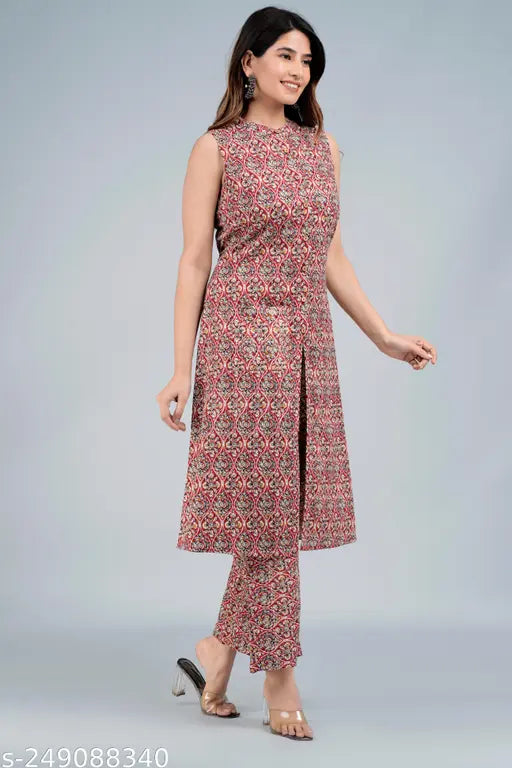 Cotton printed A-line kurta set with palazzos, sleeveless, vibrant Indian design, single size available