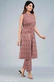 Cotton printed A-line kurta set with palazzos, sleeveless, vibrant Indian design, single size available