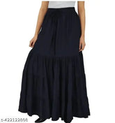 Rayon long black skirt, stylish plan with solid pattern. Size options: S, M, L, XL, XXL. Made in India