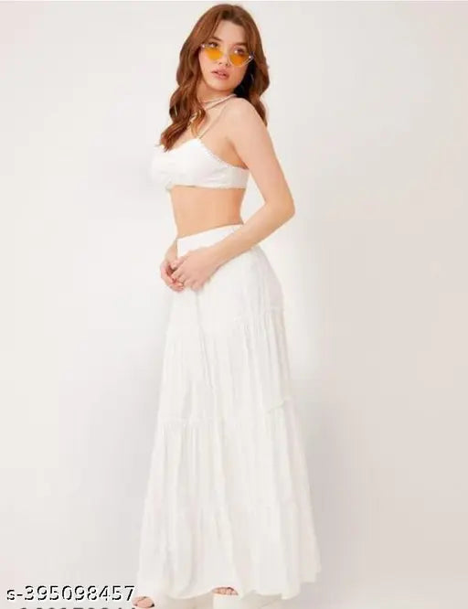 Stylish white viscose rayon skirt for women, solid net pattern, various sizes available from M to XXL