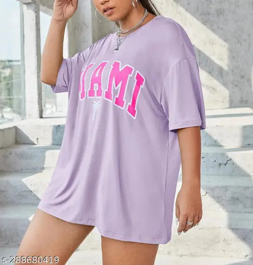 Oversized purple printed cotton t-shirt by Veronica ElegantS, trendy women's/girls fashion, lavender color