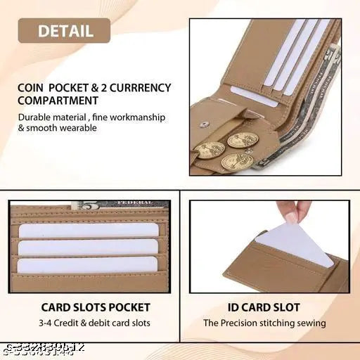 Men's beige PU leather wallet - regular size (10 card slots), solid design for daily essentials storage, made in high-quality Indian craftsmanship