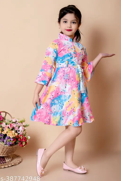 Vibrant Holi print crepe frock dress for girls, short sleeves, 4-10 years