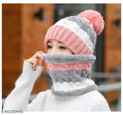 Pink twist knitted winter beanie cap set (inside fur) with scarf muffler, self-designed woolen accessory for women & girls