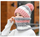 Pink twist knitted winter beanie cap set (inside fur) with scarf muffler, self-designed woolen accessory for women & girls