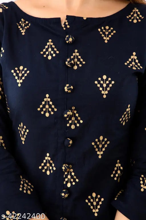 Blue and gold cotton rayon blend straight kurta skirt with gold print, perfect for a festive occasion