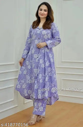 Purple floral print rayon kurta set with matching palazzos, featuring unique button and collar detailing for a sophisticated look