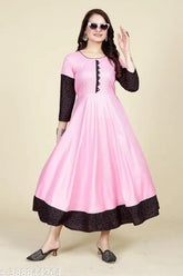 Baby Pink rayon long Anarkali kurti with black polka border, three-quarter sleeves, solid combo. Indian casual dress ideal for office wear, social gatherings or important occasions. Comfortable and breathable cotton fabric. Available in 7XL (bust size: 54 in)