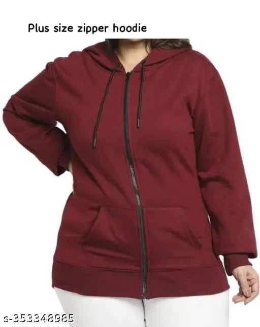 Stylish XXL fleece zipper hoodie, solid color, plus size for women