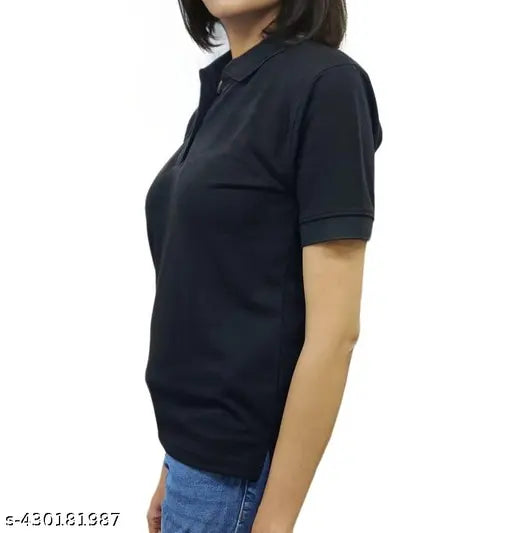 Black color limited style collar t-shirts for women & girls (India), premium quality polycotton, solid black pique polo collar tees
