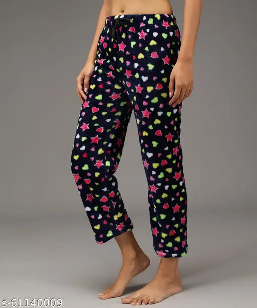 Women's regular comfort fit winter woolen blend & fleece fur core velvet printed night pyjama suit/track pant, lower size MLXL2XL pack 2 - soft, warm, and vibrant calf-length polyester pyjamas from India