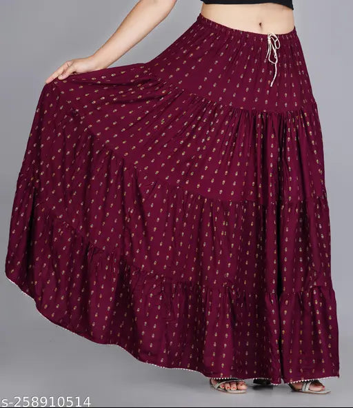 Purple printed cotton long skirt for women, size 34-Free Size, on model with waist at 18-25 inches